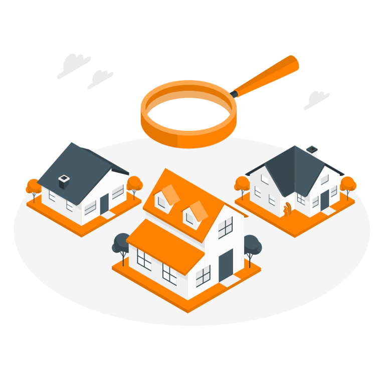Drei stilisierte Häuser mit einer Lupe darüber, orangefarbene Akzente.