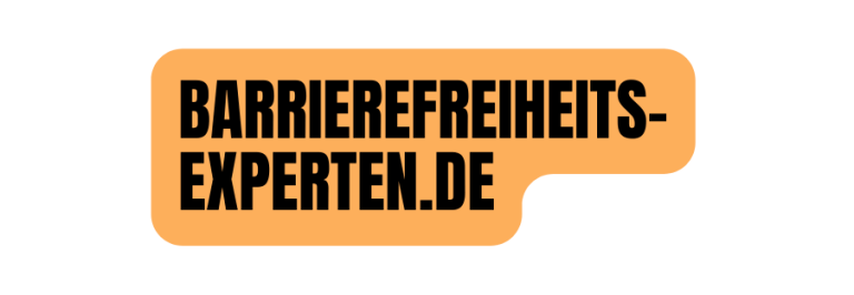 Logo von barrierefreiheit-experten.de in orangefarbener Sprechblase mit schwarzem Text.